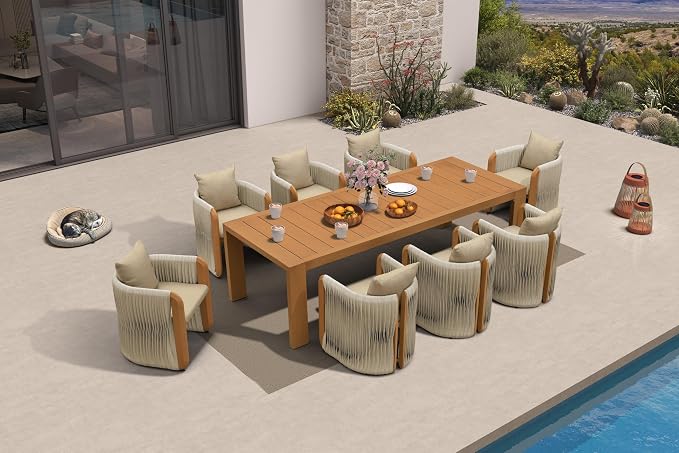PURPLE LEAF Outdoor Dining Set for 8 with Blended Olefin Cushion Aluminum Luxury Patio Furniture Table and Chairs Set All Weather Wicker Patio Dining Sets for Backyard Garden Deck Pool, Teak
