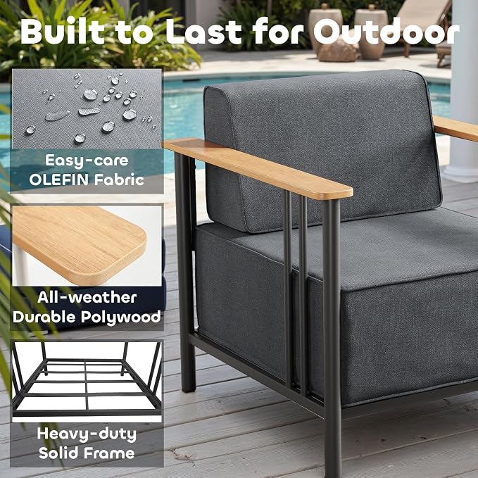 Luxury Patio Chairs Set of 2 with 10" Extra Thick Cushions, Outdoor Furniture with Rustproof Metal Frame and Olefin Fabric, Outdoor Patio Chairs for Porch, Balcony, Deck, Yard, Black/Grey