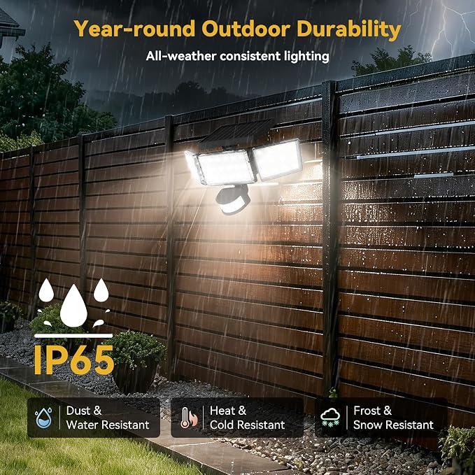 Solar Lights Outdoor, 3500LM 168 LED Motion Sensor Solar Flood Lights, 3 Heads 300° Wide Angle, 3 Modes IP65 Waterproof Solar Security Lights for Yard Garden Patio, 1 Pack (Black)