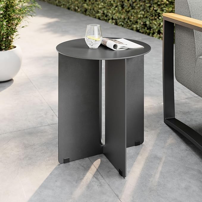 Modway Tecton Aluminum Outdoor Patio Round Side Table in Charcoal - 15 inch Porch Garden Table - Tall Poolside End Table - Small Metal Accent Table - Powder-Coated Aluminum Patio Furniture