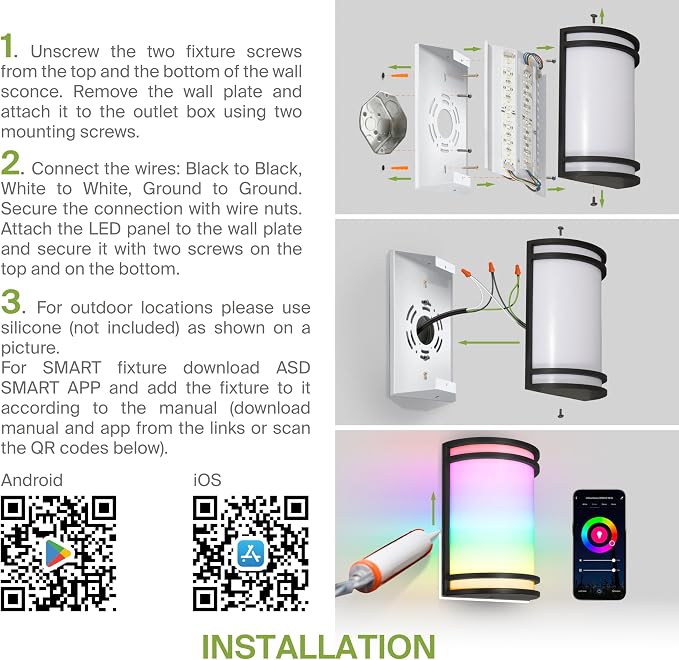 ASD 24 Inch Smart RGBW LED Outdoor Sconce Lights - 23W 120-277V 2700-6500K Black Exterior Lighting Fixtures, Remote Control Alexa Exterior Lights for House, Patio Wall Light Fixture ETL 2 Pack