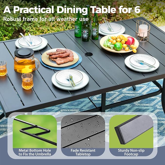 SUNSHINE VALLEY Patio Dining Set 7 PCS, Rectangular Steel Dining Table with 1.57" Hole, Red Stable Dining Chairs for 6,Patio Table and Chairs for Outdoor Lawn Garden,Deck.