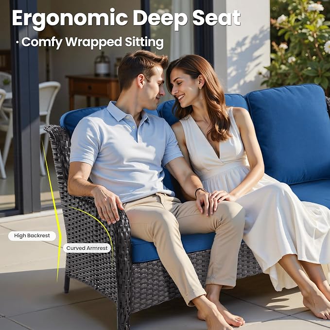 ovios 8 Pieces Patio Furniture Set with Swivel Rocking Chairs, Outdoor Wicker Sofa Couch Comfy Cushions, All Weather High Back Modern Conversation Set, Brown Rattan, Navy Blue