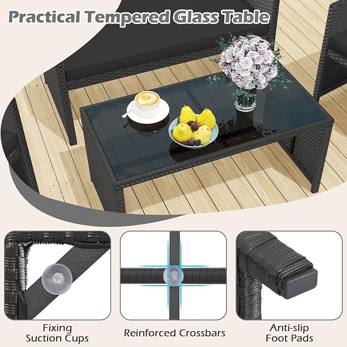 RELAX4LIFE 4-Piece Patio Furniture Set - Wicker Rattan Outdoor Sectional Sofa Set w/Glass Coffee Table, Loveseat, 2 Chairs & Soft Cushions, Bistro Conversation for Garden Porch (1, Black-Black)