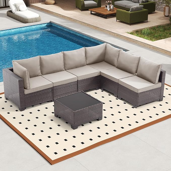 Bonzy Home 7 Pieces Outdoor Patio Furniture Set, PE Rattan Outdoor Sectional Furniture Sofa Set with Removable Cover and Glass Coffee Table, Patio Sofa for Balcony, Porch, Garden, (Brown-Grey)