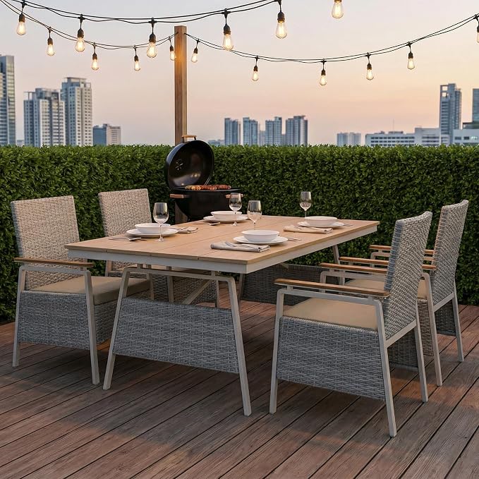 Outdoor Dining Table Set for 4, Rattan Patio Dining Sets with Waterproof Cushions, 5 Piece Patio Table and Chairs Set, Rectangular Dining Table and Patio Chairs for Porch/Deck/Yard, Green
