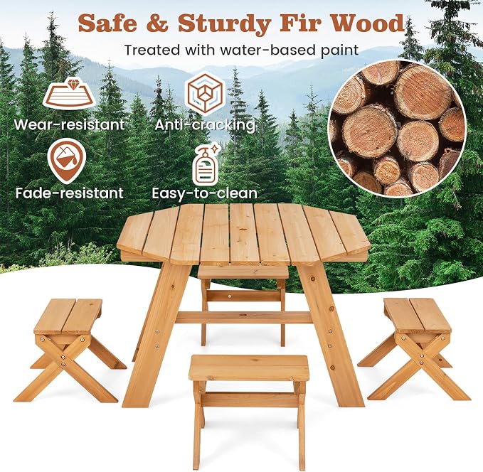 Costzon Kids Picnic Table, Fir Wood Octagon Kids Table and Chair Set with Removable Umbrella, Toddler Activity Table for Backyard, Garden, Patio, Kids Outdoor Furniture for Boys Girls (Natural)
