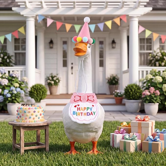 Jmkcoz Birthday Porch Goose Outfits Lawn Goose Statue Costume with Party Hat Bandana for 23" 17" Cement Plastic Statue Patio Yard Garden Outdoor Decor (Pink)