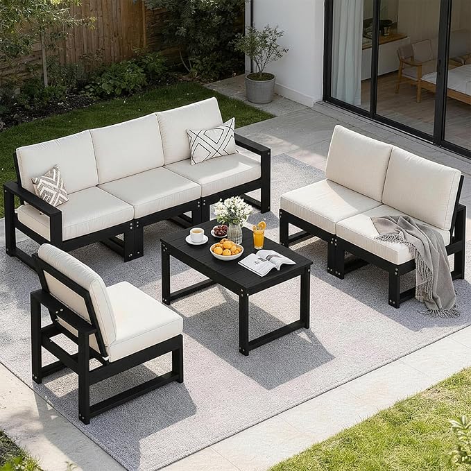 Outdoor Furniture with Cushions, Patio Furniture Set, 7-Piece L Shaped Outdoor Couch Sets 6 Seats, HDPE Patio Sectional Sofas for Porch, Deck, Backyard, Black