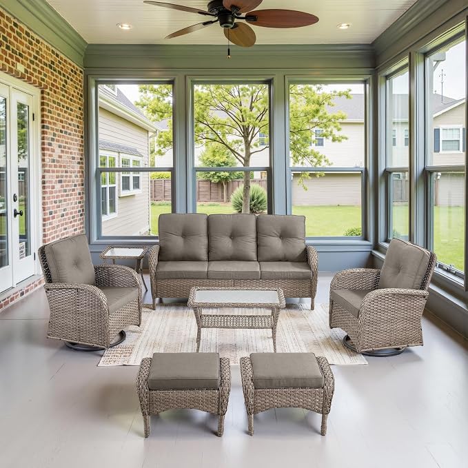 Belord Wicker Outdoor Furniture Set - 7 Piece Patio Conversation Sets with Comfort Swivel Rocker Glider Chairs Set of 2 and Rattan Sofa, Tempered Glass Coffee Table and Side Table,Gray/Gray