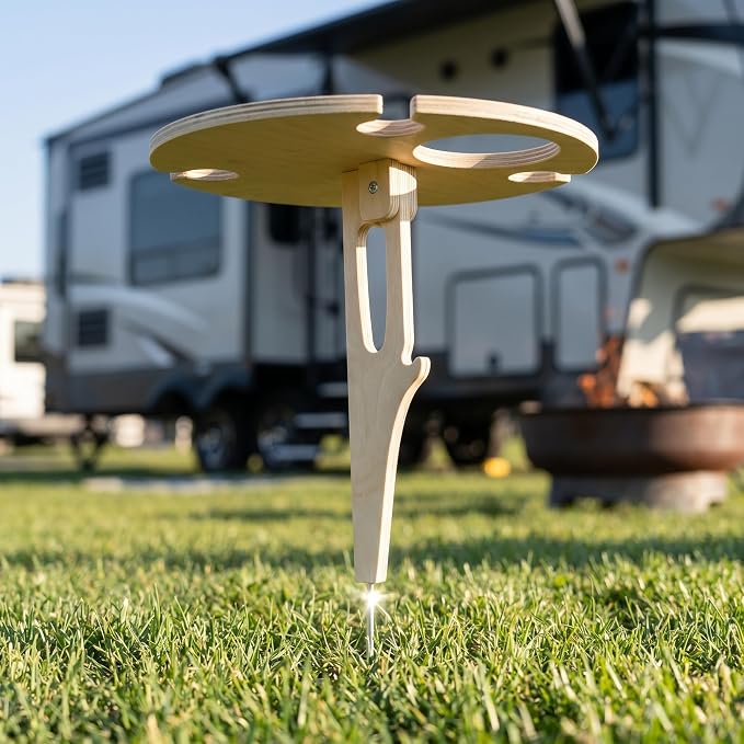 Outdoor Wooden Folding Wine Table, Ground Insert with Glass Holder | Solid Rubber Wood, Detachable Foldable, Bottle Glass Holder, Easy to Store, for Lawn Garden Picnic Beach
