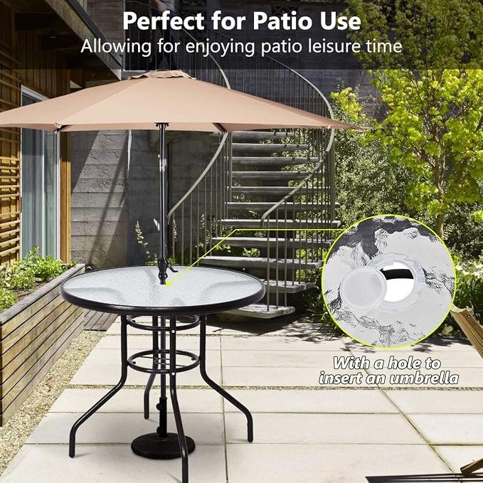 Tangkula 32-Inch Round Patio Dining Table with Tempered Glass Top, Metal Frame Outdoor Bistro Table with Umbrella Hole, Outside Table for Garden Poolside Balcony Yard