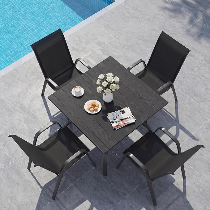 5 Pieces of Outdoor Dining Set - Square Patio Table with Umbrella Hole and 4 Stackable Dining Chairs All-Weather for Garden, Deck, and Poolside (Black, 38“L x 38“W x 28"H Square Dining Table)