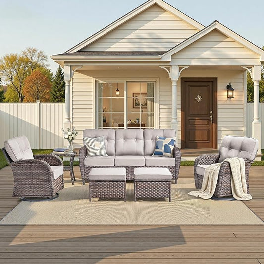 Patio Furniture Set, 5PCS Outdoor Wicker Conversation Set with Side Table, High Back Rattan Sofa & Swivel Rocker Chairs, Weather Resistant Olefin Fabric for Garden, Poolside Brown/Beige