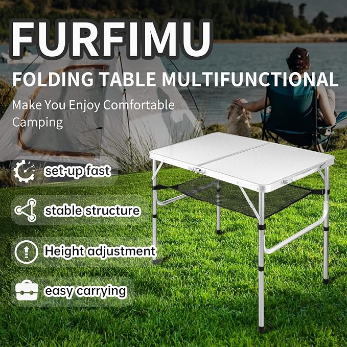 Medium Folding Table, 35" x 24" Portable Camping Table with 2 Adjustable Height Max 28", 3FT Foldable Table with Storage Net, White Metal Table for Patio, BBQ, Camping and Backpacking