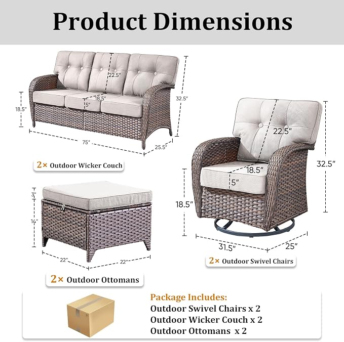 Patio Furniture Set, 6PCS Outdoor Wicker Conversation Set with 5" Thick Cushions, High Back Rattan Sofa & Swivel Rocker Chairs, Weather Resistant Olefin Fabric for Garden, Poolside Brown/Beige