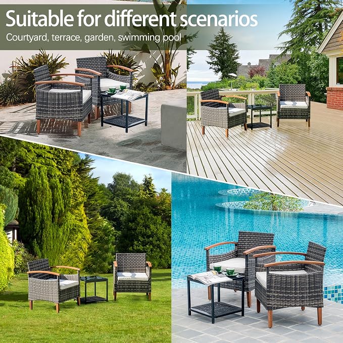 3 Pcs Outdoor Patio Furniture Sets, Outdoor Patio Rattan Chair with Side Coffee Table, Conversation Set Outdoor for Yard Garden Backyard Lawn (Gray)