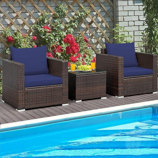 Patio Conversation Set Outdoor, 3-Piece Rattan Wicker Furniture Set with Water-Resistant Cushion & Tempered Glass Tabletop, Patio Furniture Set for Balcony, Porch, Poolside (Navy-Blue)