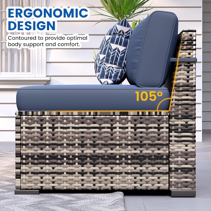 8-Piece Patio Furniture Set with 44” Fire Pit Table - All-Weather Wicker Conversation Sectional Sofa & Coffee Table with Thickened Cushions for Backyard, Garden(Navy Blue)