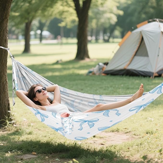 Blue Ribbon Bow Camping Hammock, Portable Lightweight Single Hammock with Tree Straps and Aluminum Carabiners, 114" x 54" Travel Hammock for Hiking Backpacking Beach