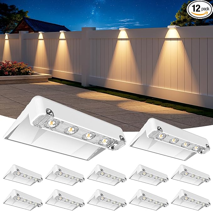 Solar Fence Lights Outdoor 12 Pack, IP65 Waterproof Large Size LED Solar Deck Lights with Lenses, Auto ON Off Warm White Step Lights for Outside, Patio, Fence, Yard and Railing Decor (White)