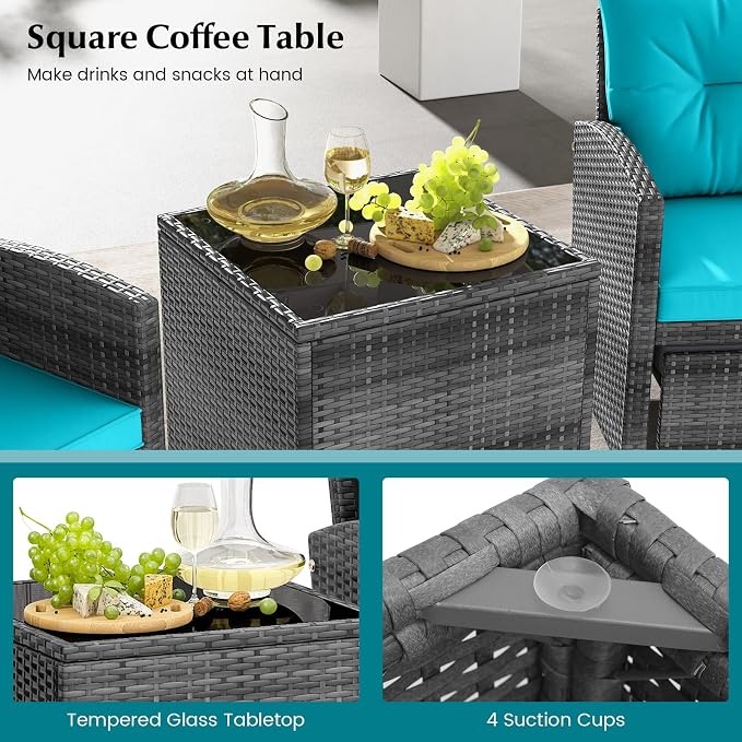 COSTWAY 5-Piece Rattan Conversation Set, Outdoor Wicker Sofa, Tempered Glass Coffee Table & Ottomans for Small Space, Boho Chic Indoor/Outdoor Furniture Set for Poolside, Backyard, Deck (Turquoise)