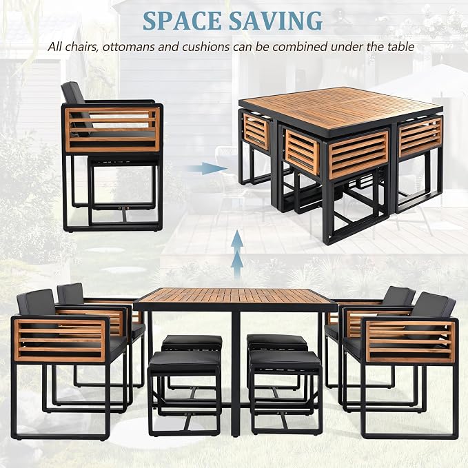 9-Piece Outdoor Patio Acacia Wood Dining Table Set, Square Table with 4 Cushioned Chairs& 4 Stools, All-Weather Resistant Conversation Set with Metal Frame, Space-Saving Design for 8 (Gray-1.8)