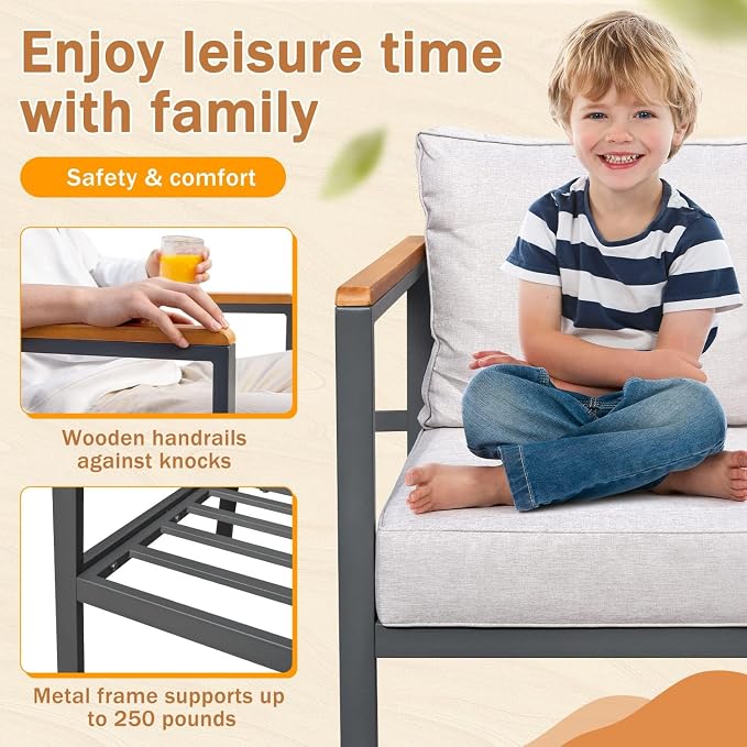 Greesum 4 Piece Furniture Patio Lounge Conversation Set Solid Wood Armrest & Table Top Anti-Drop Thick Waterproof Cushion, Light Gray