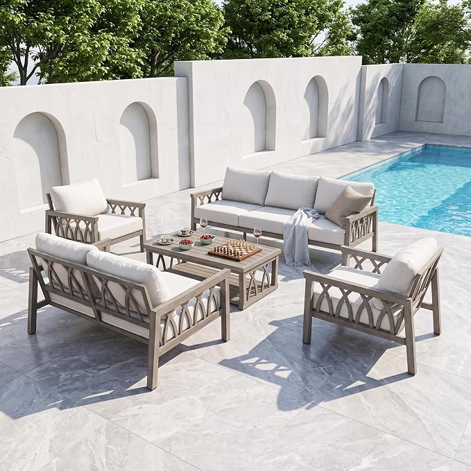 5-Piece Aluminum Outdoor Patio Conversation Set, Outdoor Furniture Sofa Couch Set with Washable Cushions, Rustproof Outdoor Sofa Set Patio Furniture Set for Deck, Poolside, Limed Oak
