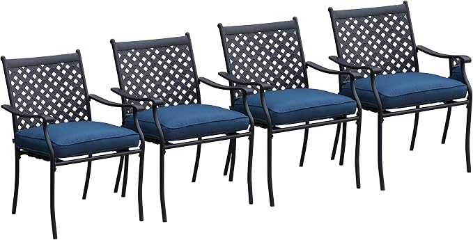 LOKATSE HOME Patio Dining Chairs Set of 4, Stackable Metal Wrought Iron Outdoor Chairs with Armrests & Thick Blue Cushions, All-Weather Heavy Duty Furniture for Garden, Backyard, Deck & Balcony