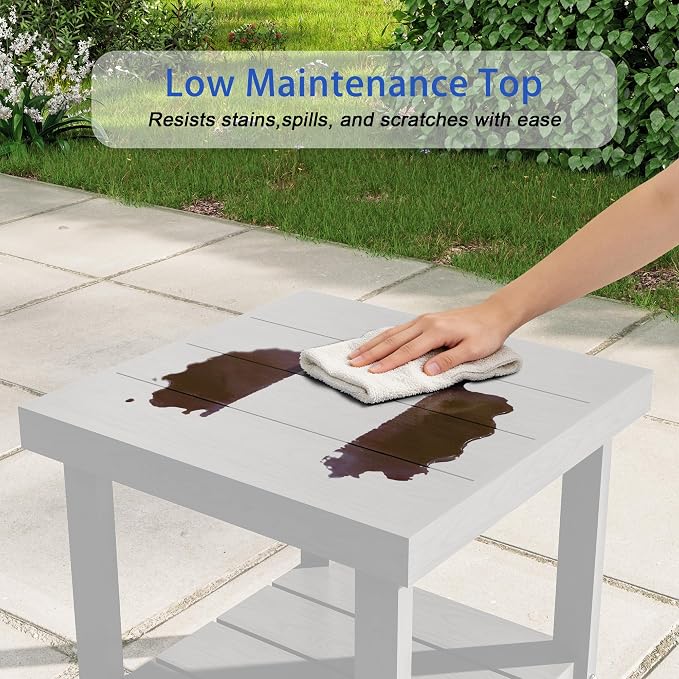 2-Tier HDPE Outdoor Square Side Table, Heavy-Duty Patio Side Table with Storage Shelf, Weather-Resistant Adirondack End Tables for Backyard, Pool, Porch, Garden, Lawn, White