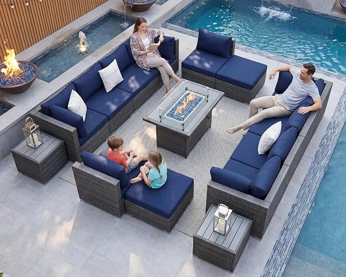 NICESOUL 15 Piece Patio Furniture with Fire Pit, Heavy Duty Wicker Outdoor Sectional with Firepit Table, Big Large Sectional 12-Seats w/Firepit Propane/Natural Gas, Gray & Navy Blue