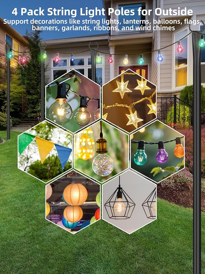 String Light Poles for Outside, 4 Pack 10 ft Adjustable Light Poles | Heavy Duty, Weather Resistant, 5 Prong Stable Base, Ground & Fence Mount, Fence Clips Included, For Patio Garden Porch Decor