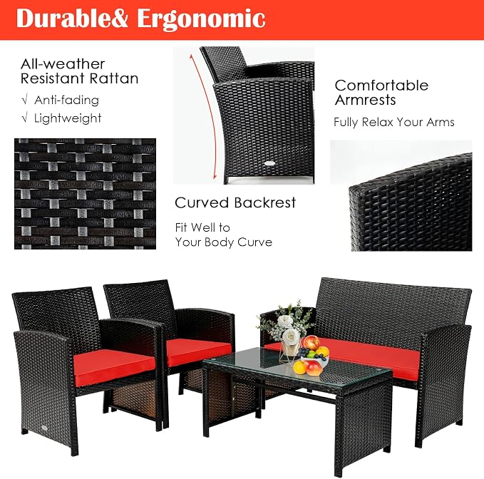 COSTWAY 4 Piece Patio Furniture Set, Outdoor PE Rattan Wicker Sectional Sofa with Cushion and Coffee Table, Patio Conversation Sets for Balcony Lawn Porch Patio Backyard Garden Poolside, Red