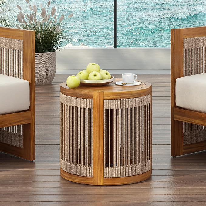 roomfitters 16.9" Acacia Wood Outdoor Side Table, Luxury Handwoven Rope Accent Boho Patio Table, Modern Round Slatted Garden End Table