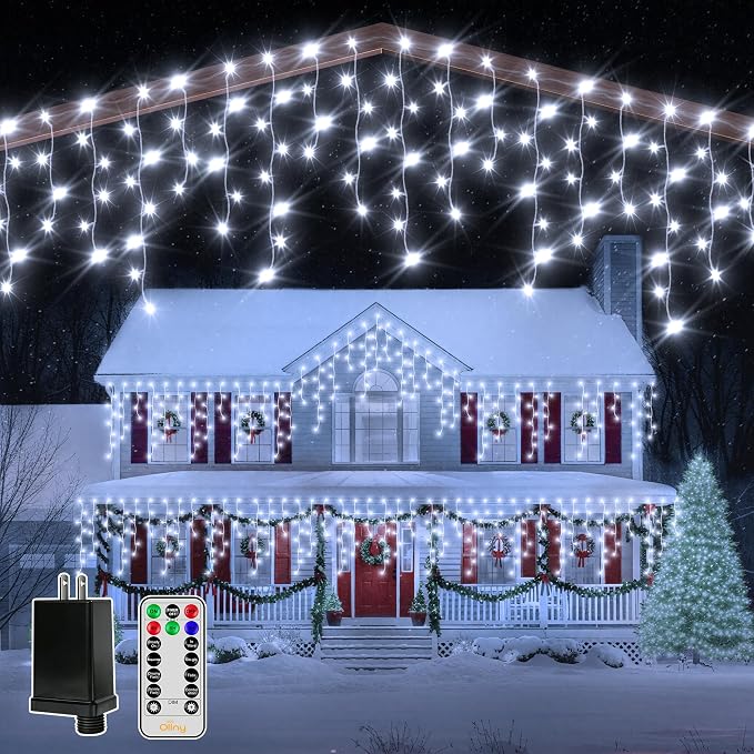 Ollny Icicle Lights for Outside 1000LED 82FT, Cool White Christmas Light with Remote 8Modes Timers Waterproof Dimmable, Plug in Hanging Lights for Outdoor Indoor House Roof Holiday