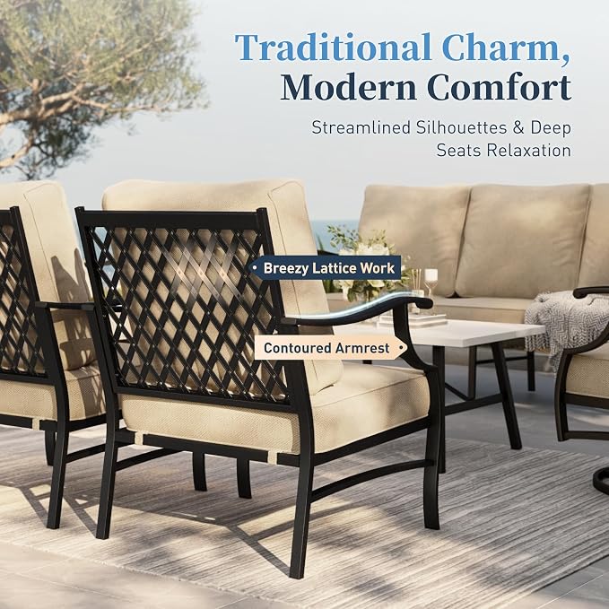 SUNSHINE VALLEY Patio Furniture Set, 4 Piece Modern Metal Outdoor Patio Furniture, 3 Seater Sofa, 2 Rocking Chairs, Coffee Table and 5.75" Extra Thick Cushion, Patio Conversation Set for Deck Backyard