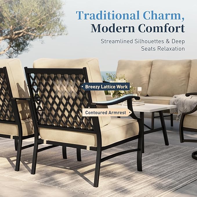 SUNSHINE VALLEY Patio Furniture Set, Modern Metal Outdoor Patio Furniture, 3 Seater Sofa, 2 Rocking Chairs, 2 Ottomans and 5.75" Extra Thick Cushion, Patio Conversation Set for Garden Backyard Deck