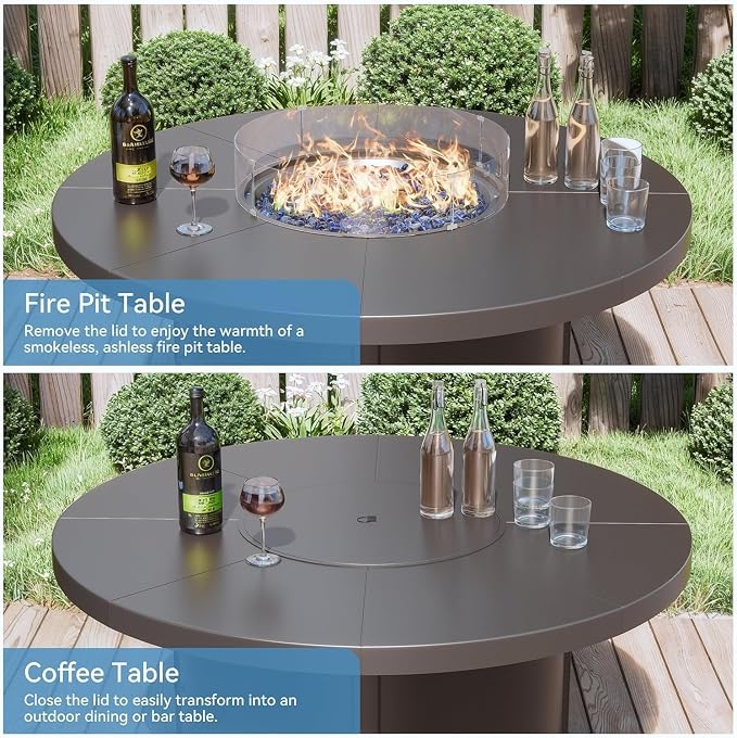 5 Piece Aluminum Outdoor Patio Furniture Set with 48" Round Propane Fire Pit, Outdoor Dining Table Set with 4 Aluminum Swivel Chairs, Outdoor Furniture Set with Fire Pit for Porch, Balcony, Sand