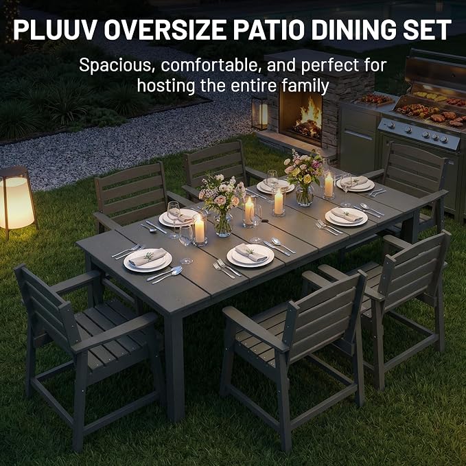PLUUV 9-Piece Outdoor Patio Dining Set – HDPE Dining Table with Aluminum Legs and Umbrella Hole, 8 Chairs & 1 Table, All-Weather Patio Furniture Set for Garden Deck Backyard, Grey