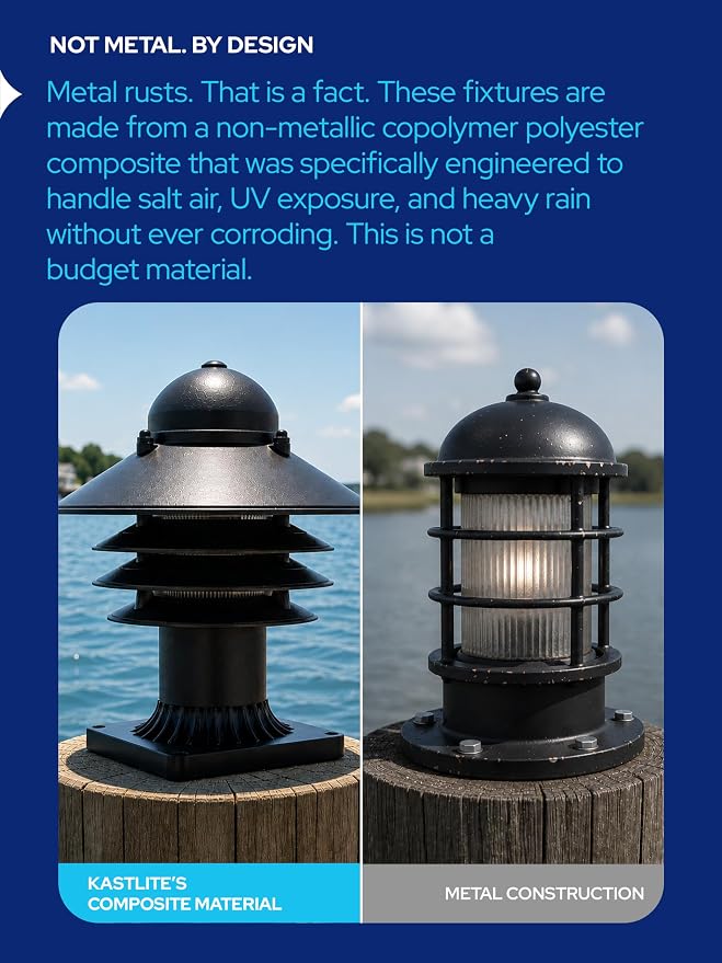 Nautical Pier Mount Outdoor Lighting - Salt-Air Tough Rust-Proof Non-Metallic Coastal Lamps - UL Listed Dock Lights - Patio Fence Deck Porch Lights Outdoor - USA Made, Short, Decorated, Black | Anti-Rust Outdoor Coastal Fixture for Pathways & Walkways,...