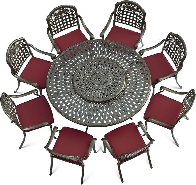 VIVIJASON 9-Piece Outdoor Furniture Dining Set, Rust-Free Cast Aluminum Patio Conversation Set, Include 8 Cushioned Chairs & 61" Round Dining Table with 31" Lazy Susan, Umbrella Hole, Red