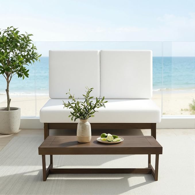 7 Pieces All Weather Wood Patio Furniture Sets, 2 Patio Loveseat, 4 Patio Bistro Chair, Outdoor Sectional Sofa Furniture Backyard Conversation Set with Coffee Table - Beige