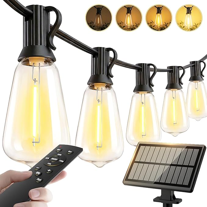 65ft Solar String Lights Outdoor - Waterproof Solor Powered Patio Light | Hanging Outside Backyard Camping Yard Gazebo Garden Pergola Bistro Balcony Cafe Party Fence Lighting LED Edison Bulb & Remote