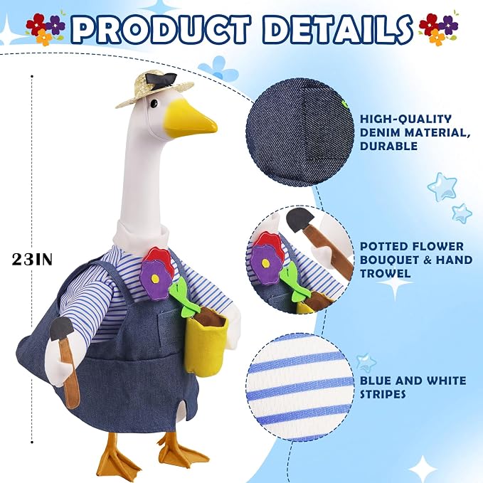 Erythem Gardener Porch Goose Outfits, Cute Spring Porch Goose Clothes with Straw Hat, Shovel & Flower Pot Fits 23" Cement Plastic Geese Statue for Outdoor Garden Yard Decor