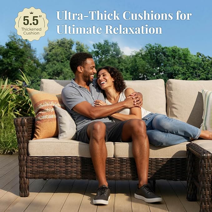 MIXPATIO 8-Piece Wicker Patio Furniture Set with Swivel Chairs, High Back Outdoor Furniture with Fire 57'' Pit Table and Ottoman, All-Weather Wicker Patio Conversation Set for Deck Yard Pool, Beige
