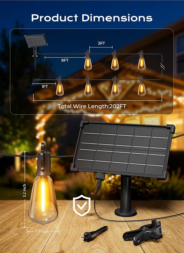 Brightown 202FT Solar String Lights Outdoor Waterproof, 26Hrs Runtime | 65+2 LED Bulbs, USB & Solar Powered, Remote Control & Dimmable Timer, Ideal for Backyard, Garden, Camping & Party Decor