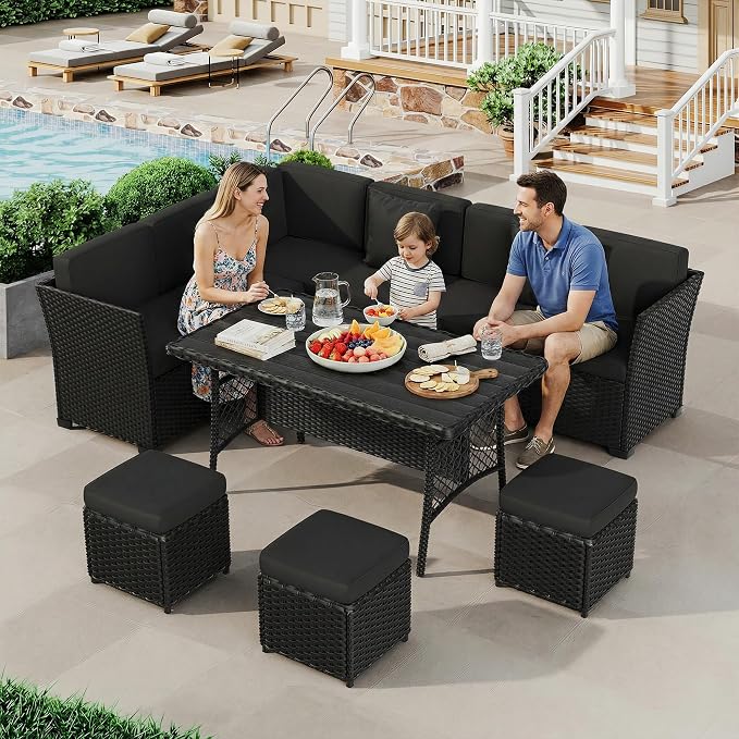 LOUVIXA 7 Pieces Patio Furniture Set, Outdoor Patio Furniture, Wicker Conversation Set with Dining Table, Chairs and Ottoman (17 Modern Black)