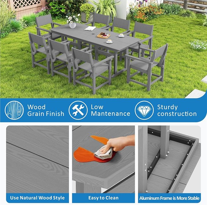 9-Piece HDPE Outdoor Patio Dining Set,Outdoor Table and Chairs,Modern Plastic Dining Sets with Umbrella Hole Cut-Out Table and 8 Chairs Gray