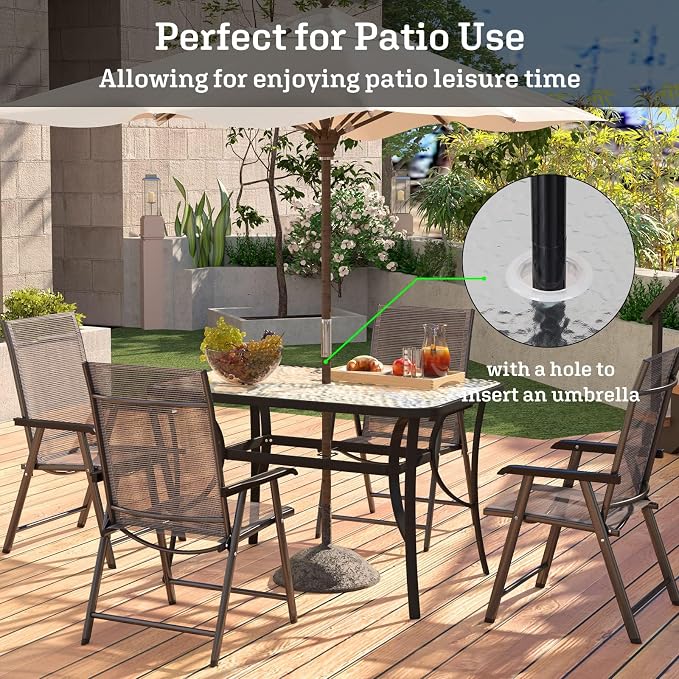 SDHYL 47 Inch Rectangle Tempered Glass Patio Dining Table Patio Table Coffee Table Dining Bistro Table, for Outdoor Garden Balcony Backyard Poolside Lawn, with Umbrella Hole, Black